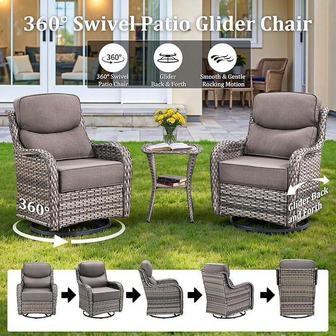 Luxury Outdoor Swivel Rocker Patio Chairs Set of 3, High Back Swivel Patio Chairs with Side Table & 6-Inch Thick Cushions, Wicker Outdoor Bistro Set for Porch, Yard, Deck, Poolside, Grey