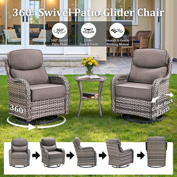 Luxury High Back Patio Furniture Set 30" Fire Pit Table with 6-Inch Thick Cushions, 5-Pieces Outdoor Furniture w/ 4 Swivel Chairs, Wicker Conversation Set for Porch, Balcony, Deck and Yard, Grey/Blue