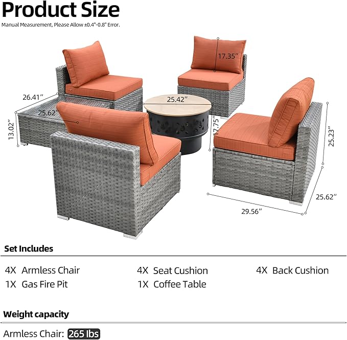 HOOOWOOO 6-Piece Outdoor Wicker Patio Furniture Set, All-Weather Rattan Sectional Sofa Chairs with Fire Pit and Side Table, Modern Garden Conversation Set for Patio, Porch, and Backyard (Orange Red)