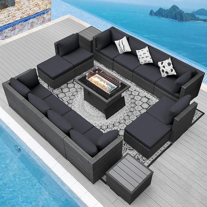 NICESOUL 15 Piece Outdoor Sectional with Fire Pit Table, Modern Luxury Patio Deep Seating w/Firepit, 29.3'' High-Back Wicker Couch Thick, Big High-Weight Capacity Sofa for Terrace, Yard, Dark Gray