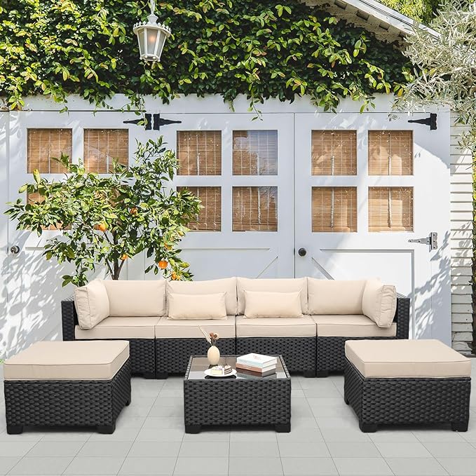 7 Pieces Outdoor PE Wicker Furniture Set Patio Rattan Sectional Conversation Sofa Set with Khaki Cushions and Glass Top Table