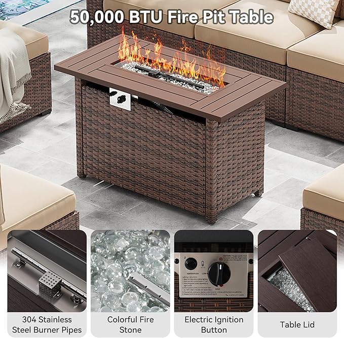LazySunsets 8-Piece Patio Furniture Set with 44" Fire Pit Table, Wicker Outdoor Furniture, Patio Conversation Sets with Coffee Table, Outdoor Sectional Couch with Waterproof Cover, Beige