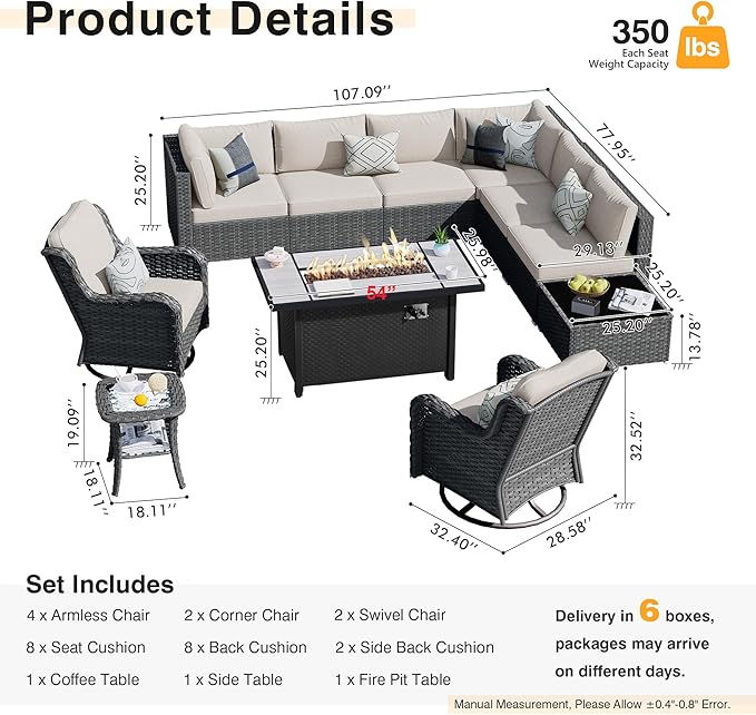HOOOWOOO Outdoor Patio Furniture with Fire Pit Set 11 Pieces Patio Set with Fire Pit Wicker Outdoor Furniture with Fire Pit Table Set Patio Sectional Set with Swivel Chairs,Beige