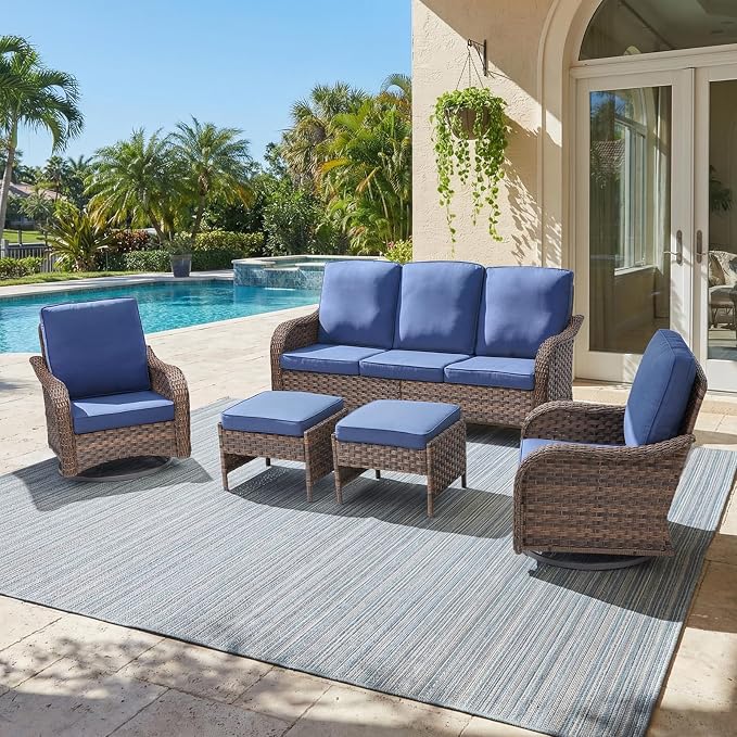 Patio Furniture Set - 5 Pieces All Weather Wicker Outdoor Couch Sofa 2 Swivel Chairs and 2 Ottomans, Ergonomic Design for Porch, Deck, Balcony, Garden, and Backyard(Blue)
