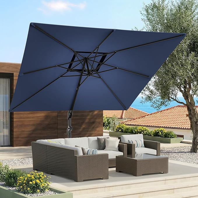 HOMSHADE 10x10 FT Cantilever Patio Umbrella Outdoor with Base- Large Offset Heavy-Duty Aluminum Umbrella with 360° Rotation, 6 Tilts, Windproof, 3-Year Fade Resistance for Pool Deck, Square, Navy Blue