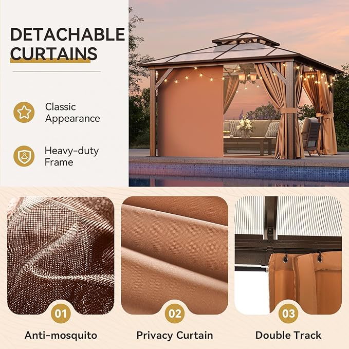 Aoxun 12'x12' Hardtop Gazebo, Outdoor Metal Gazebo with Double Polycarbonate Roof Canopy, Permanent Pavilion with Netting and Curtains for Lawn, Garden, Patio (Khaki)