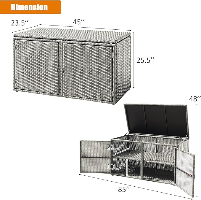 DORTALA 88 Gallon Deck Box Organizer, Wicker Large Indoor Outdoor Storage Container Cabinet for Patio Furniture Cushions Garden Tools, Gray