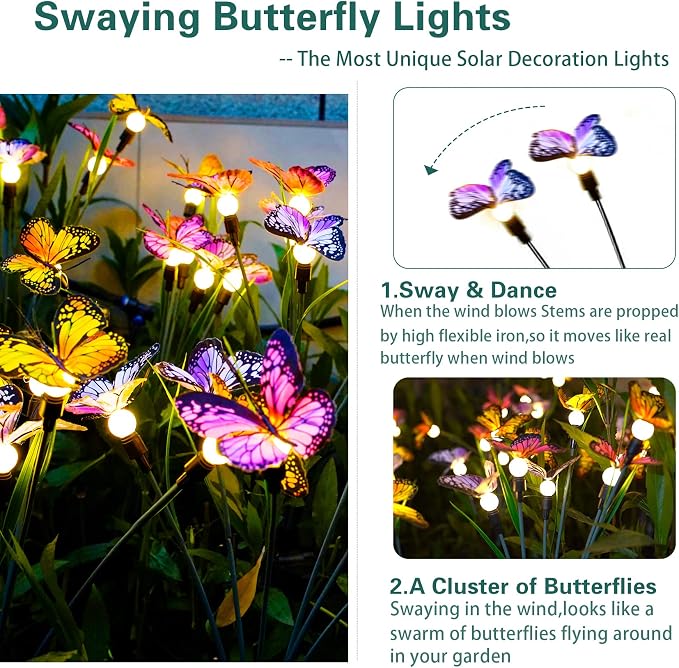 TONULAX Solar Garden Lights - 8 Pack Swaying Butterfly Light, Swaying in The Wind, Solar Outdoor Lights, Yard Patio Pathway Decoration, High Flexibility Iron Wire & Realistic Butterflies