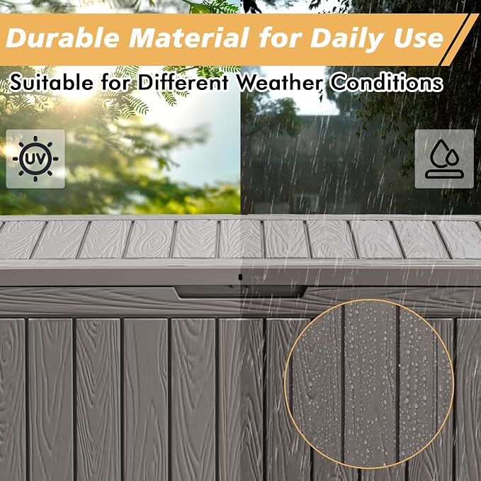 Fancyango 110 Gallon Outdoor Deck Box Waterproof, Large Storage Box for Patio, Resin Storage Bench Lockable for Garden Tools, Package Delivery, Grey