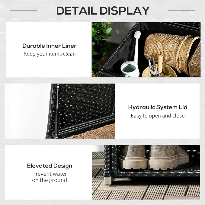 Outdoor Deck Box Shoe Storage, PE Rattan Wicker Towel Rack with Liner for Indoor, Outdoor, Patio Furniture Cushions, Pool, Toys, Garden Tools, Black