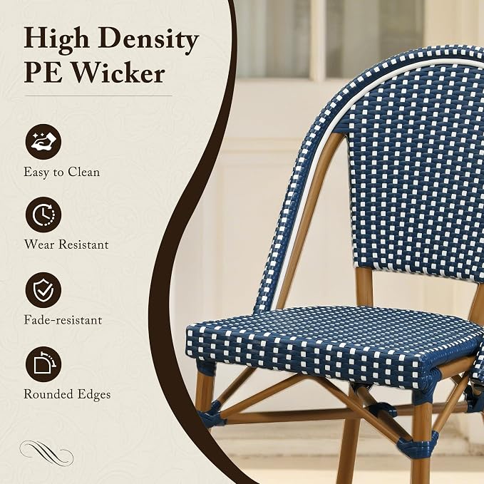 PURPLE LEAF 3-Piece French Bistro Dining Set Round Outdoor Patio Table and 2 Armless Chairs Tempered Glass Top PE Rattan Bamboo Print Finish Aluminum Frame Navy Blue