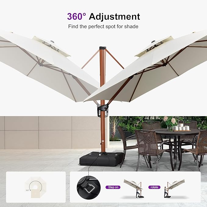 PURPLE LEAF 9' X 12' Double Top Deluxe Wood Pattern Rectangle Patio Umbrella Offset Hanging Umbrella Outdoor Market Umbrella Garden Umbrella, Cream