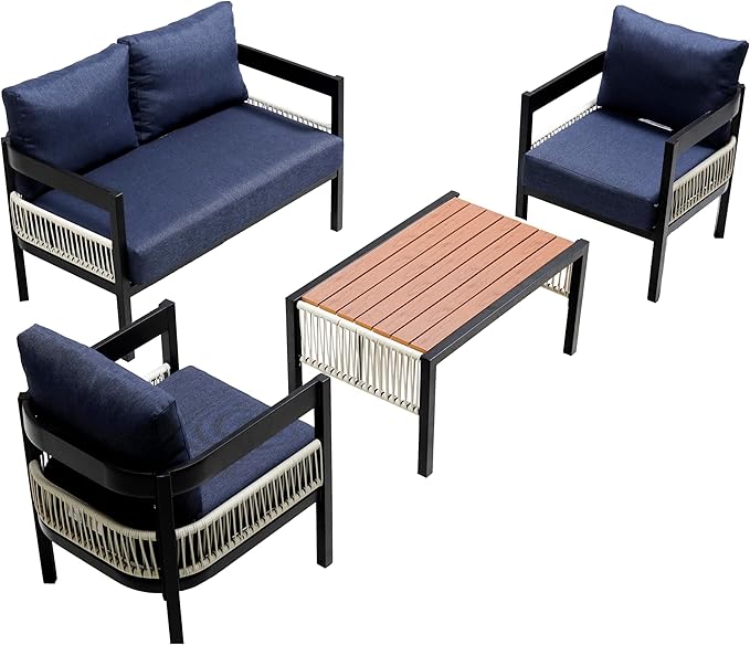 4 Piece Outdoor Iron Sofa Set with A Table, PE Rattan Patio Furniture Sets with Double and 2 Single Seats, Multi-Person Conversation Set for Garden, Lawn Use (Dark Blue/92)