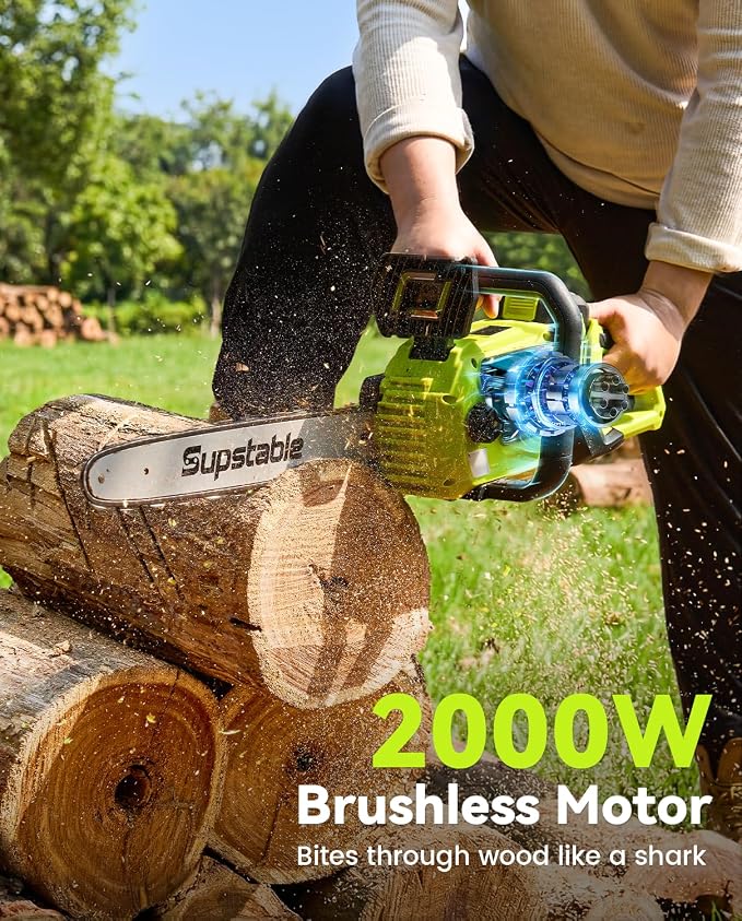 16 Inch Electric Chainsaw Cordless, 2000W Brushless Chainsaw, 4.0Ah Battery & Fast Charger, 40V Electric Chain Saws, Instant Brake, Tool-Free Chain Tension, Auto Oiling for Tree Trimming, Wood Cutting