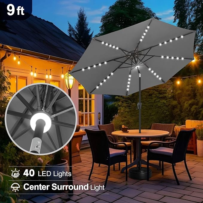 FLAME&SHADE 9 FT outdoor umbrella with 40LED lights, solar light patio umbrella with Centre Surround Light, Table Market Umbrella Outdoor Patiofor Deck, Pool, Backyard, Garden (Anthracite)