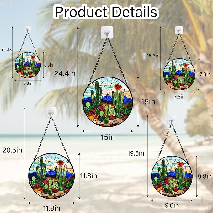 DASTOLL Stained Glass Window Hanging, Green Cactus Suncatcher for Doors Window Home Plant Landscape Sun Catchers Decoration Mother's Day Birthday Gifts for Women, Men, and Mom 6.3 in