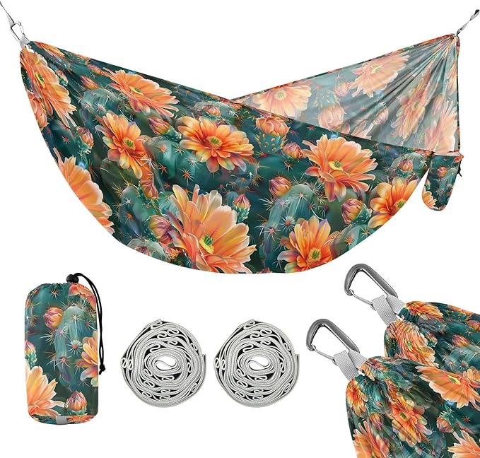 Camping Hammock Outdoor Hammocks for Outside Cactus Orange Flowers Beach Trees Portable Lightweight with Pockets Tree Straps Indoor
