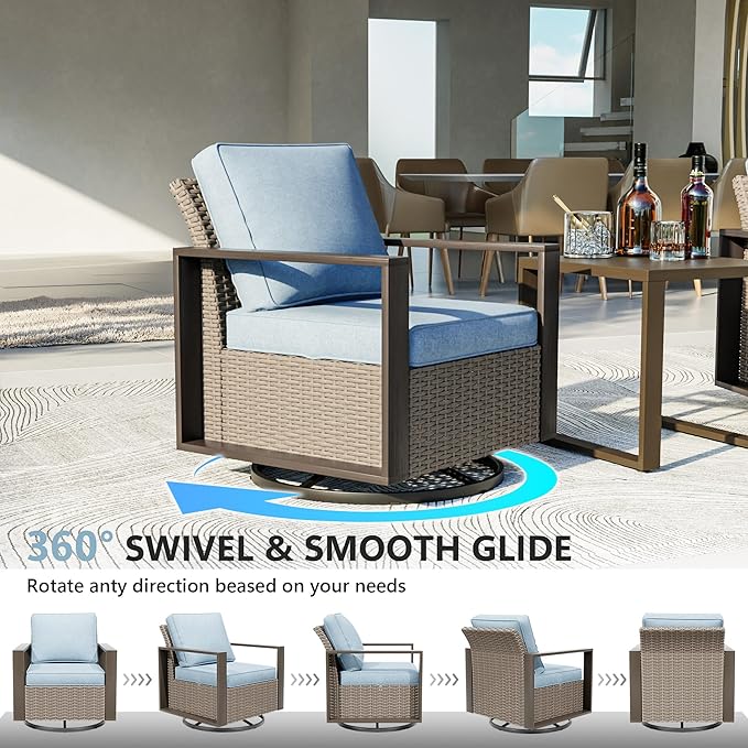Patio Chairs Set of 2, Outdoor Swivel Rocker Patio Chairs, Metal Patio Furniture with Deep Seating, Thicken Cushions for Deck, Porch, Yard Use (Azure, 2 PCS/Swivel)