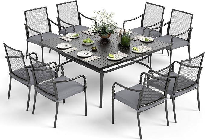 MIXPATIO 9 Piece Patio Metal Dining Set, Outdoor Table and Chairs for 8, Powder-Coating Steel Chairs with 4" Thickened Cushions, 57.5" Square Metal Table with 1.57" Umbrella Hole for Deck, Backyard