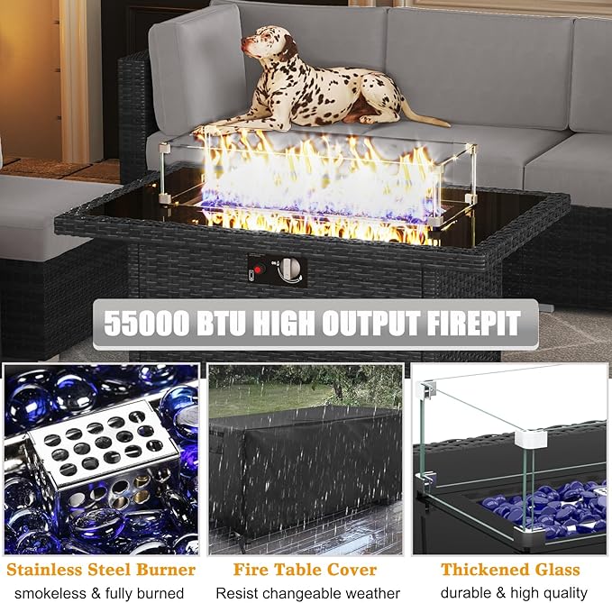 LayinSun 8 Piece Patio Furniture Set with 44" Propane Gas Fire Pit Table, Outdoor Sectional Conversation Set Wicker Rattan Sofa Set with Coffee Table