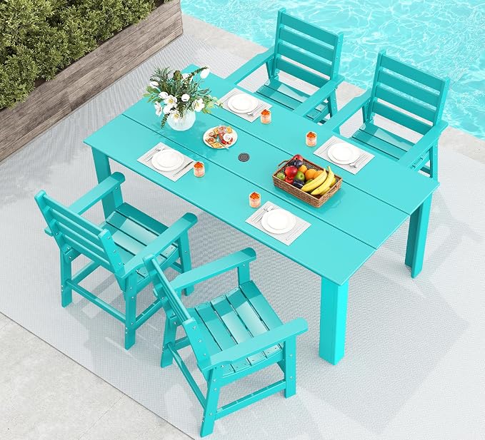 GREENVINES 5-Piece Outdoor Dining Set | HDPE | Patio Table and Chairs Sets for 4 | Patio Furniture | All Weather | Umbrella Hole | Aqua | for Backyard Poolside Garden
