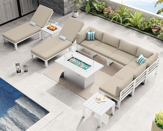 NICESOUL 8 Person Modern Aluminum Outdoor Patio Furniture Set with Chaise & Firepit Table, 29" Wide Deep Seating, Water Resistant Modular Sectional Couch, Large Conversation Set for Poolside, Beige