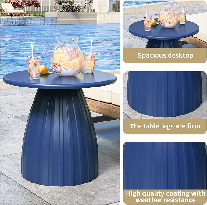 Round Metal Outdoor Patio Side Table, Steel Outdoor Accent Table, Small Patio End Table, for Garden, Pool, Yard, Balcony, Living Room, Deck, Weather Resistant, No Assembly, Blue