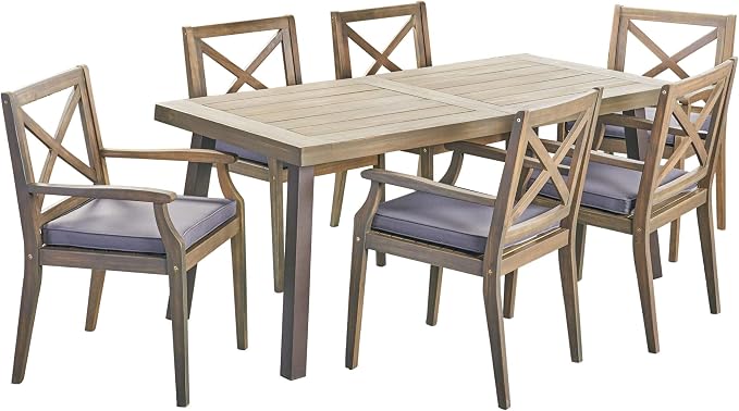 Christopher Knight Home Justin Outdoor 7 Piece Acacia Wood Dining Set, Teak, Gray Finish/Rustic Metal/Dark Gray