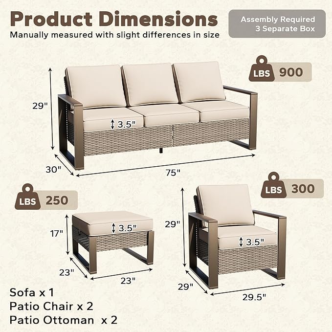 5 Pieces Metal Wicker Patio Furniture Set - 75" Sofa, Two Armchairs and Two Ottomans, All Weather Rattan Outdoor Conversation Furniture with Washable Cushion for Deck Porch, Beige