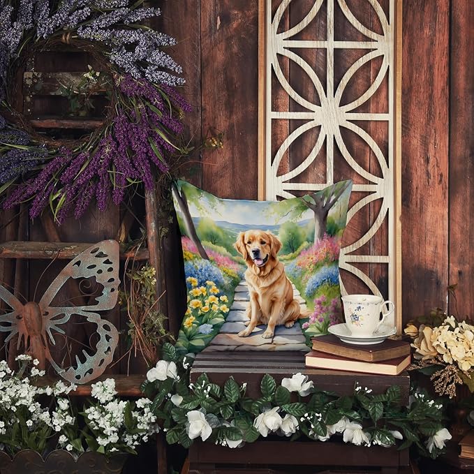 Caroline's Treasures Golden Retriever Spring Path Throw Pillow Machine Washable, Indoor Outdoor Decorative Pillow for Couch, Bed or Patio, 14Hx14W