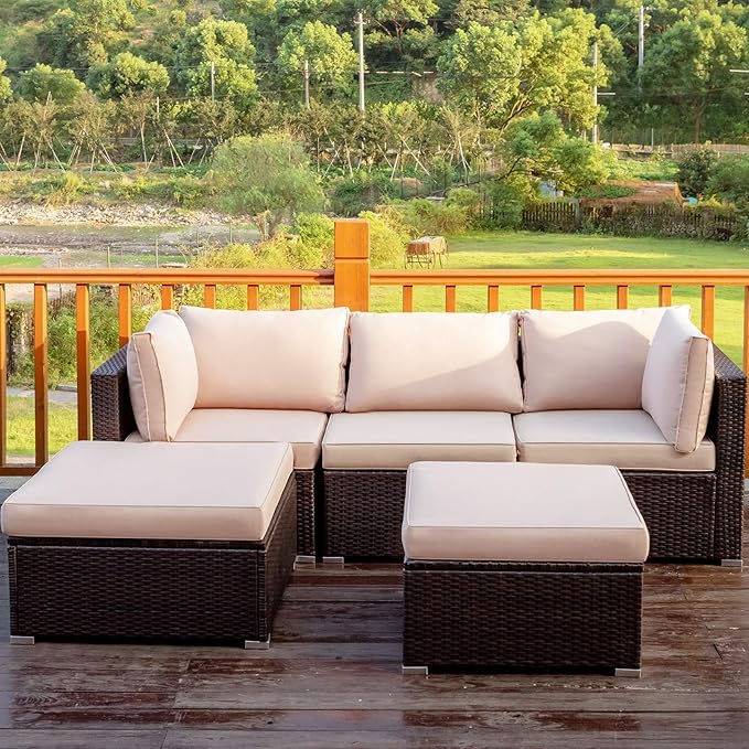 Tangkula 5 Piece Patio Furniture Set, Outdoor Sectional Rattan Sofa Set with Cushions and Coffee Table, Suitable for Backyard Porch Garden Poolside and Deck, Wicker Conversation Set (Brown)