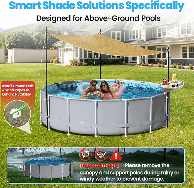 Pool Shade Set for 11-16 Ft Above Ground Pools - UV-Resistant Shade Sail Triangular 10'x10'x10' with Storage Tray, Outdoor Sun Shade Canopy with Poles for Deck, Patio, Garden, Pool Accessories