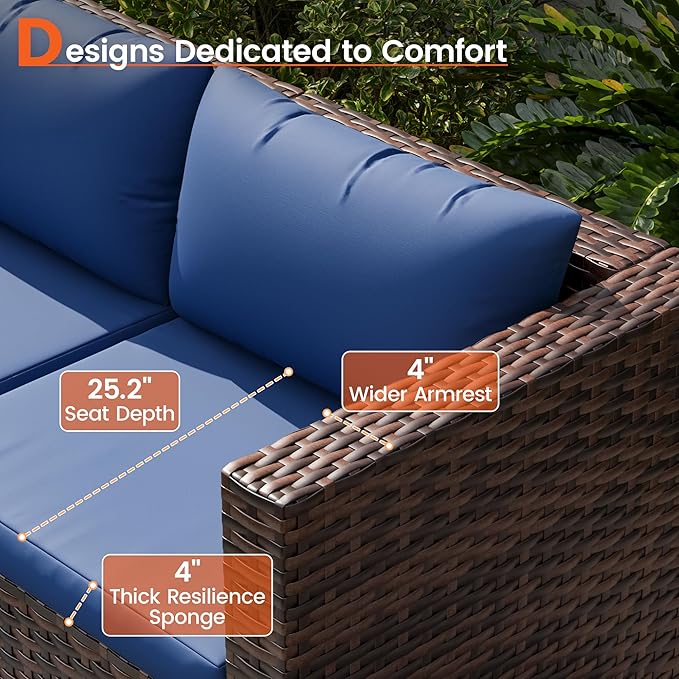 Patio Furniture Set, 7-Piece Outdoor Sectional Rattan Sofa Set with Coffee Table (Navy Blue Cushions with Brown Rattan)