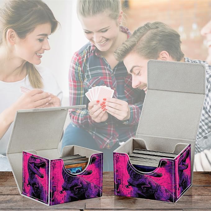Card Deck Box for MTG, Cards Storage Box Fits 120+ Sleeved, Leather Small Size Strong Magnetic Closing Card Case for Board Games Magic TCG CCG Baseball Collection, Pink Dinosaur