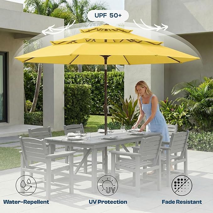 10ft Patio Umbrella, 3 Tier Outdoor Market Table Umbrellas with 8 Fiberglass Ribs and Push Button Tilt, Windproof, Vented Canopy, UV Protection for Deck, Pool, Backyard