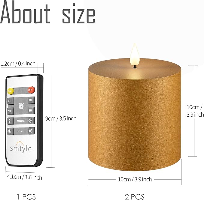 Smtye 4x4 Inch Gold Textured Flameless LED Candles Set of 2, Plastic Sand Finish Battery Operated Flickering Pillar Candles with Timer, Realistic Warm Glow for Home, Weddings, and Holiday Decor