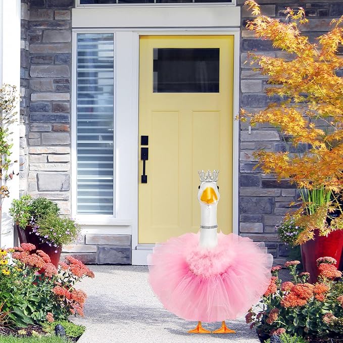 4 Pcs Princess Porch Goose Outfit for 23" 17" Cement Lawn Goose Costume Crown Necklace Tutu Skirt Feather Trim(Pink)