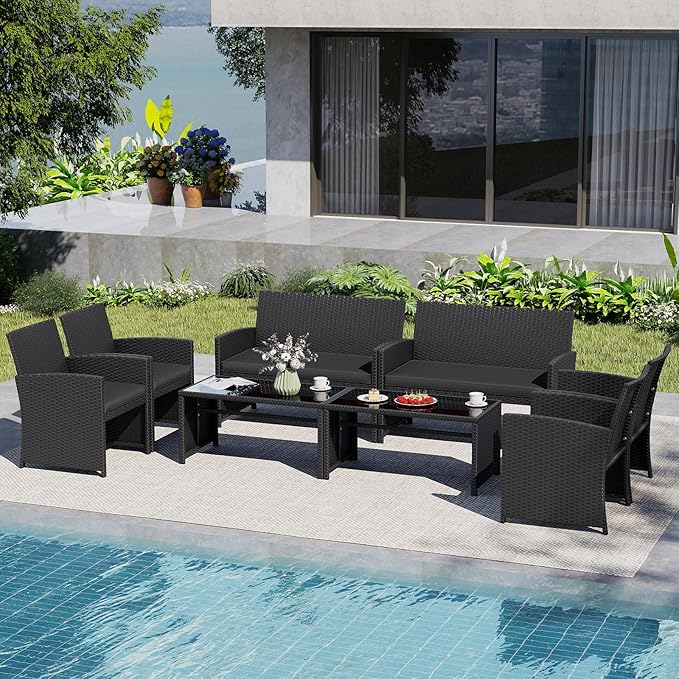 Tangkula 8 Pieces Patio Wicker Furniture Set, Outdoor Heavy Duty Rattan Cushioned Chairs, Loveseat and Tempered Glass Coffee Table, for Backyard, Balcony, Poolside (2, Black)