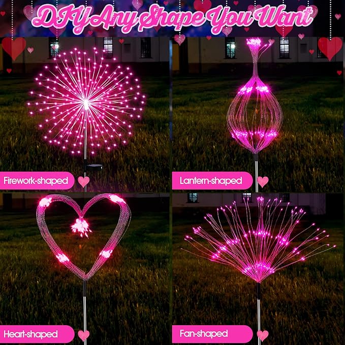 Tujoe 4 Pcs Valentine's Day Solar Lights Outdoor Pink Solar Firework Lights Decoration 180 LEDs 8 Modes Waterproof Valentine LED Stake Sparkler for Walkway Pathway Driveway Garden Yard Lawn Path(Pink)