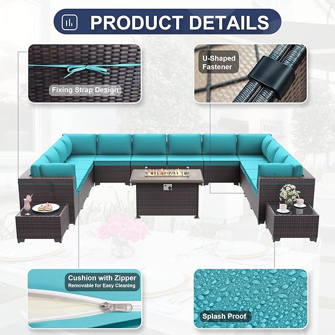 Patio Furniture Set with Fire Pit Table 15 PCS Outdoor Sectional Furniture Rattan Patio Conversation Set with 43in Propane Gas Fire Pit Table and Glass Table, Blue