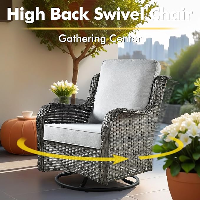 Wicker Patio Furniture Set, 8 Pieces Outdoor Sectional Sets with 6 Seats, Rattan Conversation Set with Swivel Chairs for Garden and Backyard, l Shape Couch Set