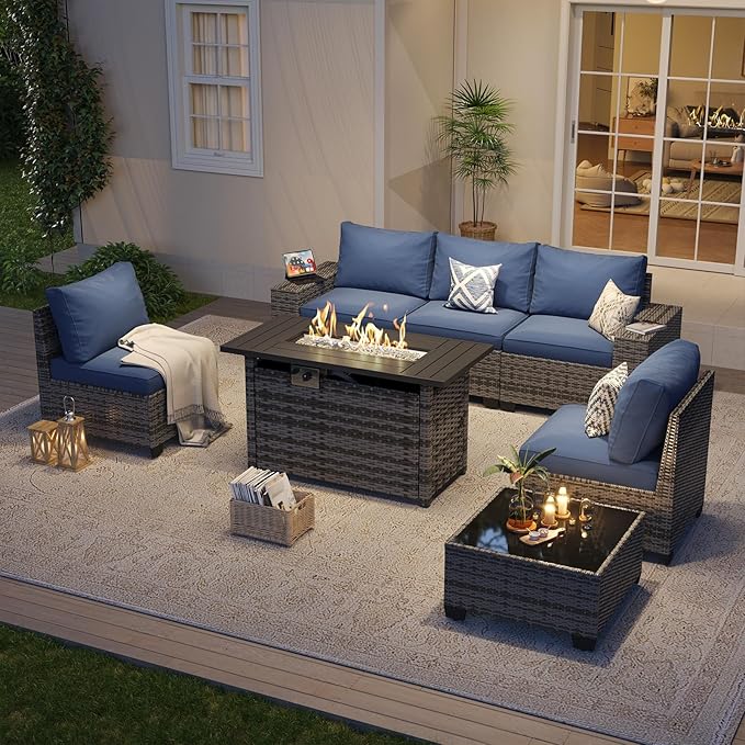 Aoxun Outdoor Patio Furniture Set with 44'' Fire Pit Table, 7 Pcs Outdoor Patio Furniture Sets with 4in Thicken Cushion, Widen Armrests Wicker Outdoor Sectional for Backyard (Waterproof Cover Include)