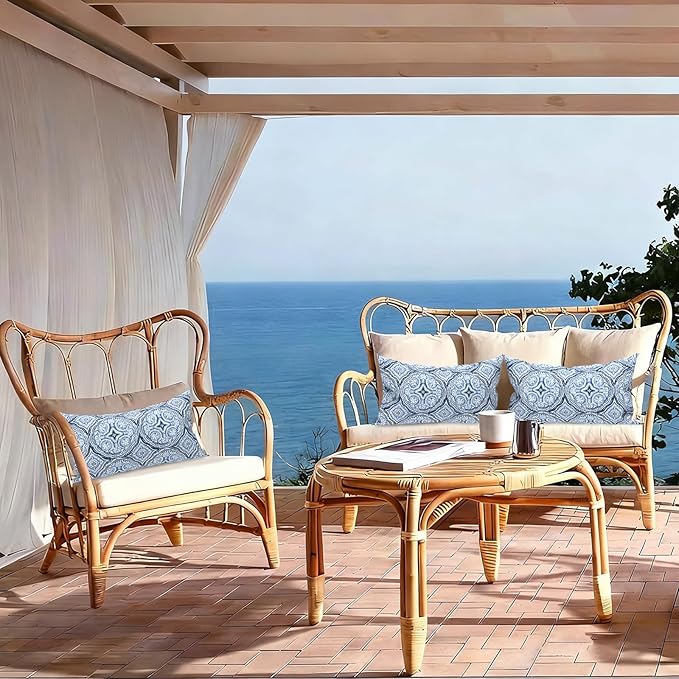 LVTLVTXIII 12×20 Inch Outdoor Lumbar Pillows, Pack of 2 Water Repellent Lumbar Pillow with Inserts, Fluffy Decorative Garden Lumbar Cushions for Home Patio Coach Sofa Use, Medallion Blue