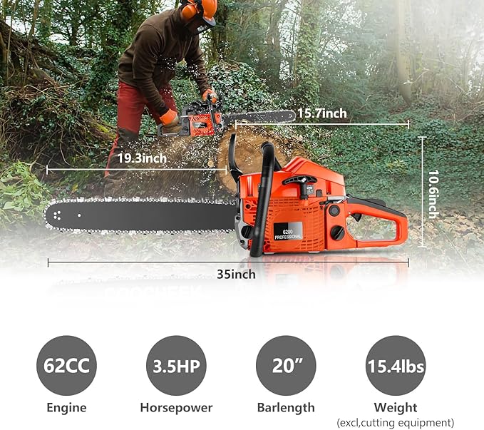 62CC Gas Powered Chainsaw with 20 Inch Bars, 3.5 HP 2-Stroke Engine for Wood Cutting, Tree Trimming and Farm Use, Gas Chainsaws with Non-Slip Handle, Carrying Bag & Tool Kit