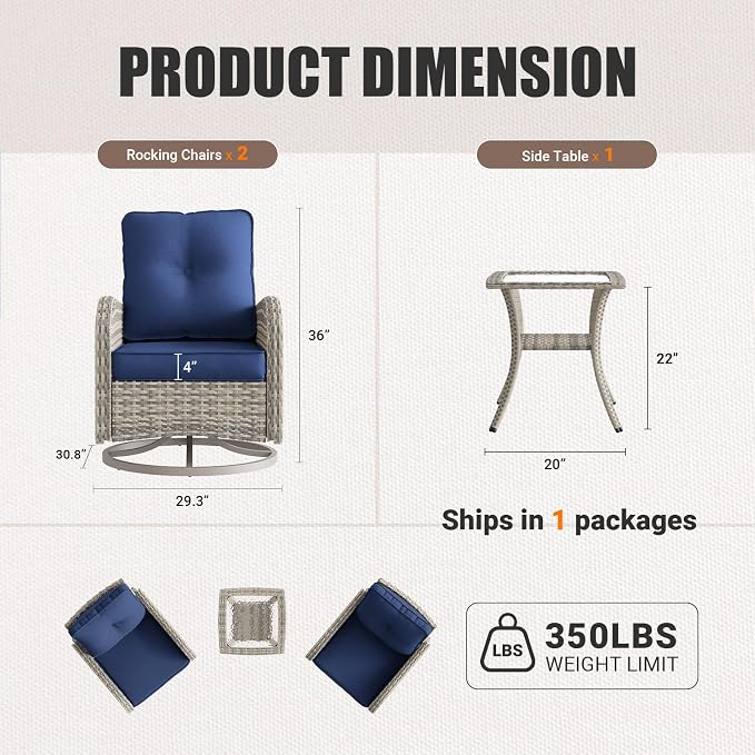 Outdoor Patio Furniture Set Rocking Swivel Chair Wicker Rattan Bistro Set with Tempered Glass Side Table, Outdoor Conversation Set for Garden, Deck, and Balcony,Navy Blue