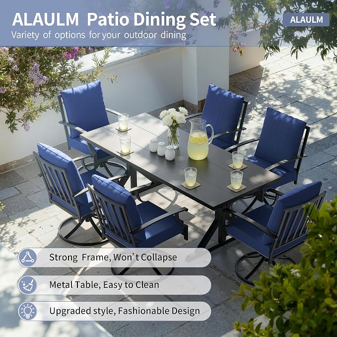 ALAULM 7-Piece Patio Dining Set,Outdoor Metal Dining Set with 6 Swivel Chairs & Rectangle Table with 1.5 Umbrella Hole, Patio Dining Table and Chairs for Backyard,Navy