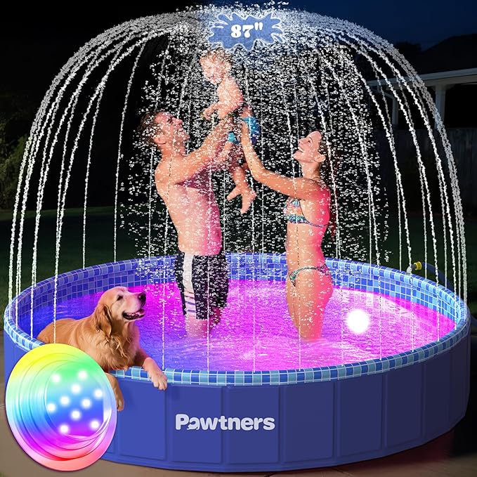 Foldable Dog Pool with Sprinkler RGB LED Light, 87" Collapsible Hard Plastic Kiddie Swimming Splash Pool for Small Medium Large Doggie Kitty Puppy, Pet Bathing Tub Wading Pool for Dogs Blue
