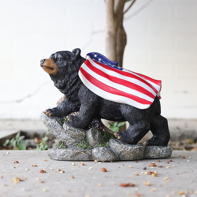 Suyorpe Bear Solar Lights Outdoor Statue - Garden Black Bear with Light up American Flag Solar Animals Outdoor Waterproof Decor for Patio,Porch,Balcony,Yard,Lawn