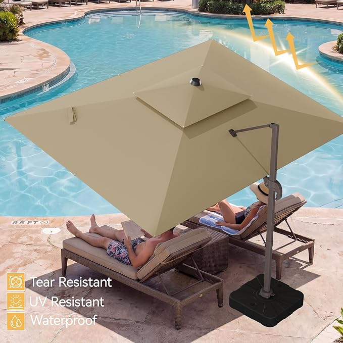 10x13 FT Patio Umbrella with Base, Large Cantilever Rectangular Double Top Heavy Duty Offset Umbrellas with 360° Rotation, Outdoor shade for Garden Deck Pool Patio, Tan
