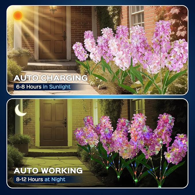 TANSOREN 4 Pack Solar Garden Lights Outdoor, Colorful LED Waterproof Solar Powered Hyacinth Flowers Landscape Lights for Outside Yard, Patio, Pathway Decorative, Décor, Gifts, Two Lighting Modes